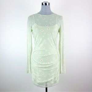 Volcom Ruched Mesh Green Daisy Long sleeve Dress